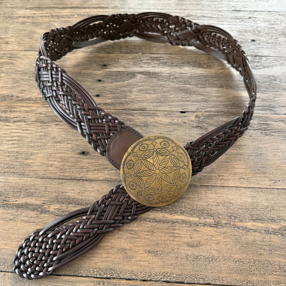 NY & Co Brown Braided Leather Western Belt Antique Brass Medallion Buckle 43"